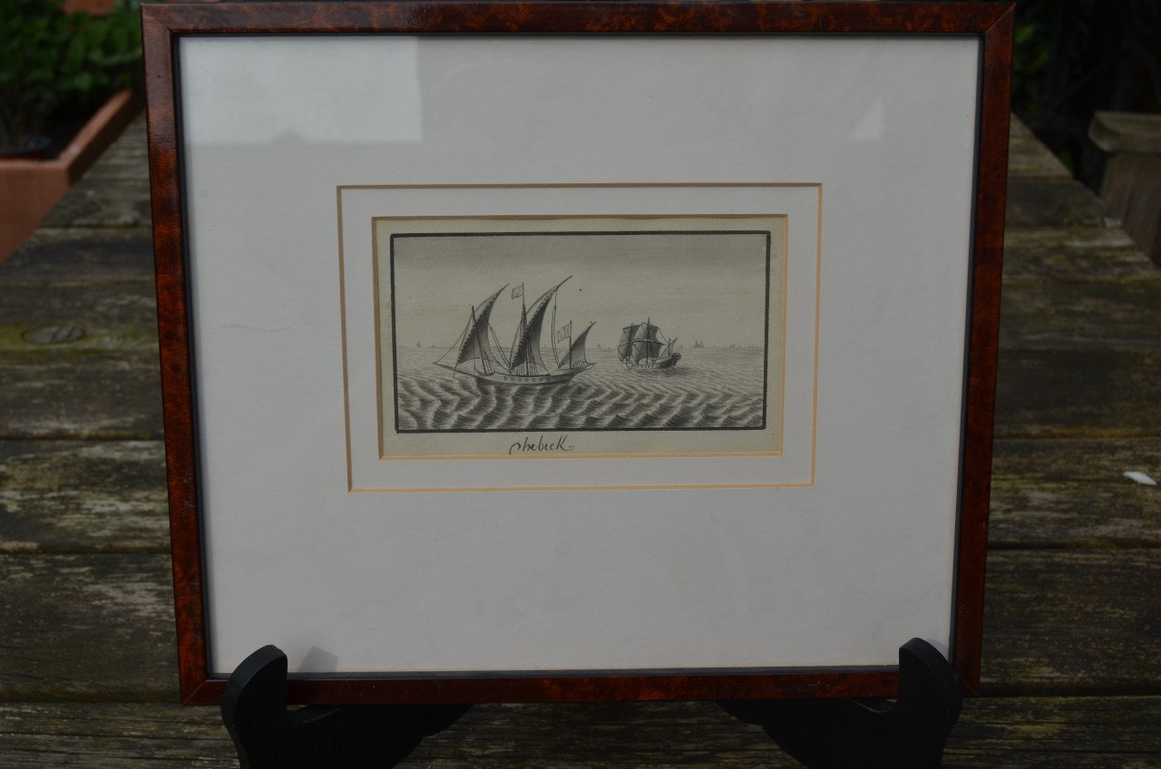 Mooie monochroom aquarel van een Chebeck / Xebec