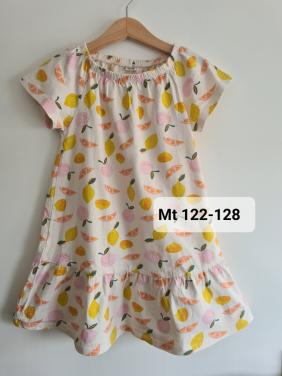 Ecru met roze,gele bloemen jurkje met roezel  Maat 122-128