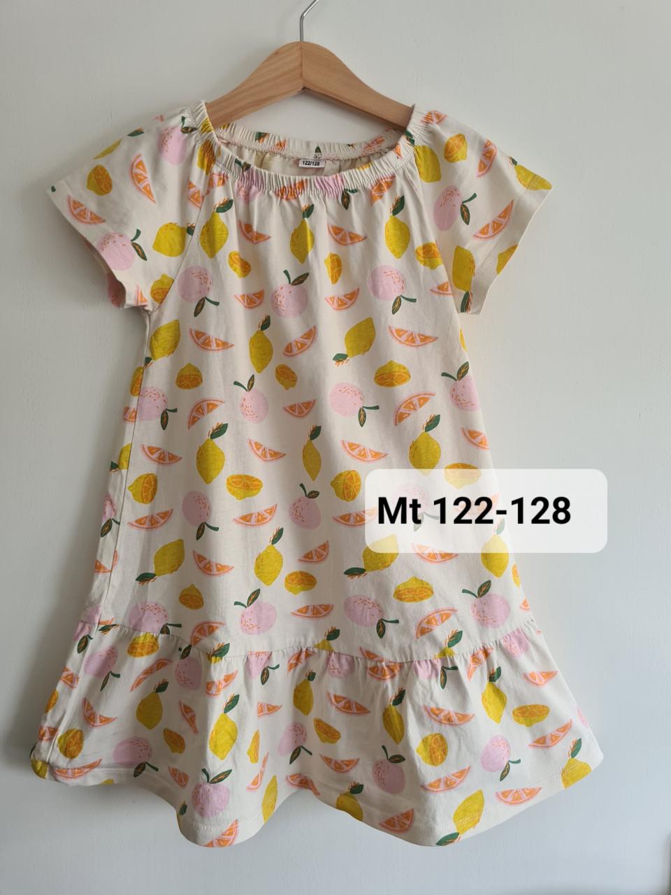 Ecru met roze,gele bloemen jurkje met roezel  Maat 122-128