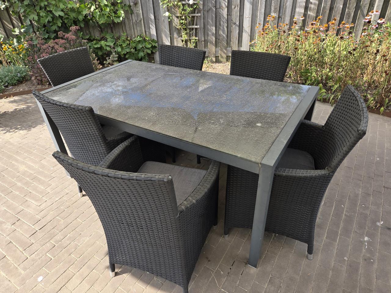 Tuintafel Jutlandia composiet 90x205 + 6 wickerstoelen