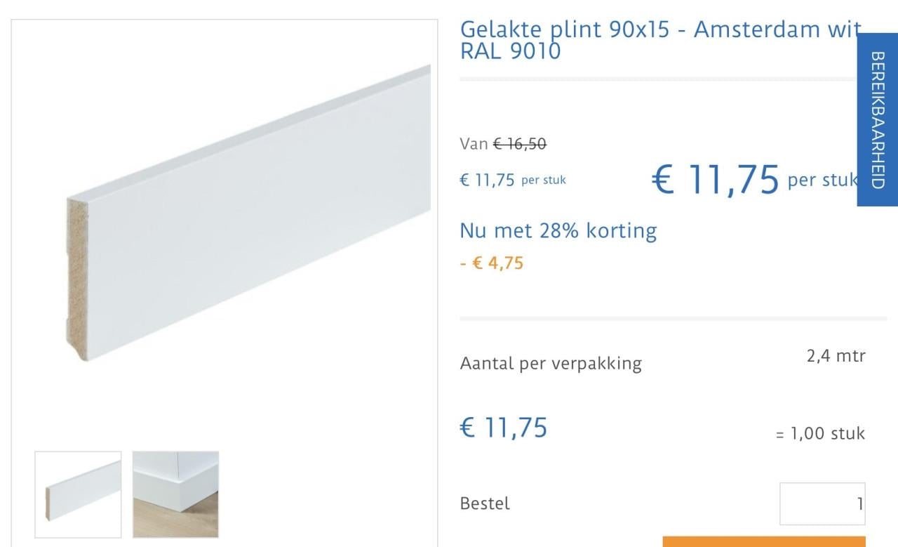 Co-pro gelakte plint amsterdam wit 9x15cm, nieuw. 240cm lang