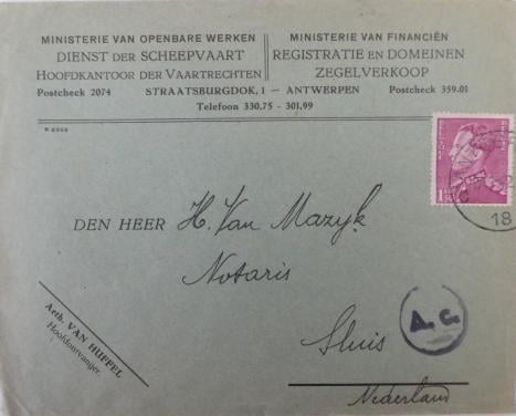 Envelop,1942, Min. Openb. Werken/Financiën Antwerpen–Sluis