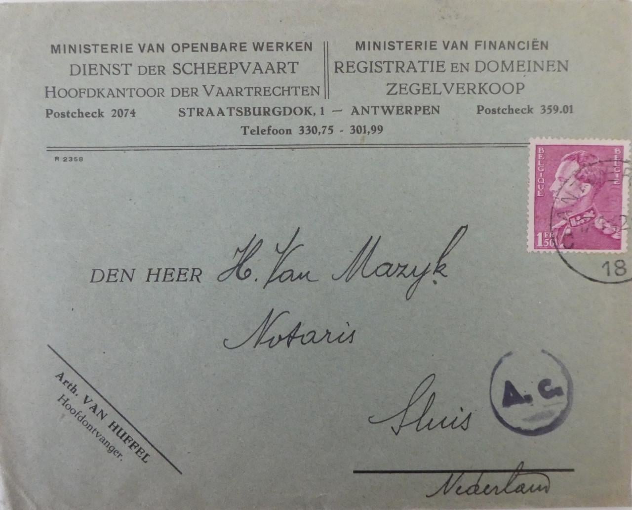 Envelop,1942, Min. Openb. Werken/Financiën Antwerpen–Sluis