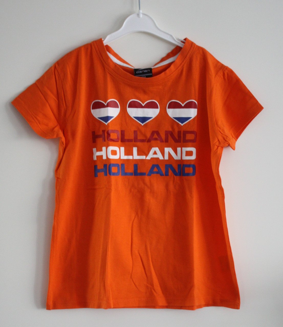 Oranje tshirt met rood wit blauw print maat 152