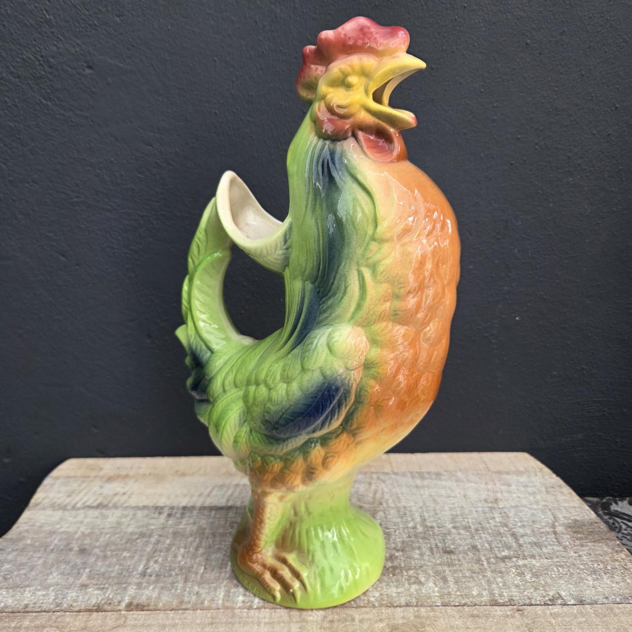 Brocante barbotine aardewerk waterkan van St Clement, haan