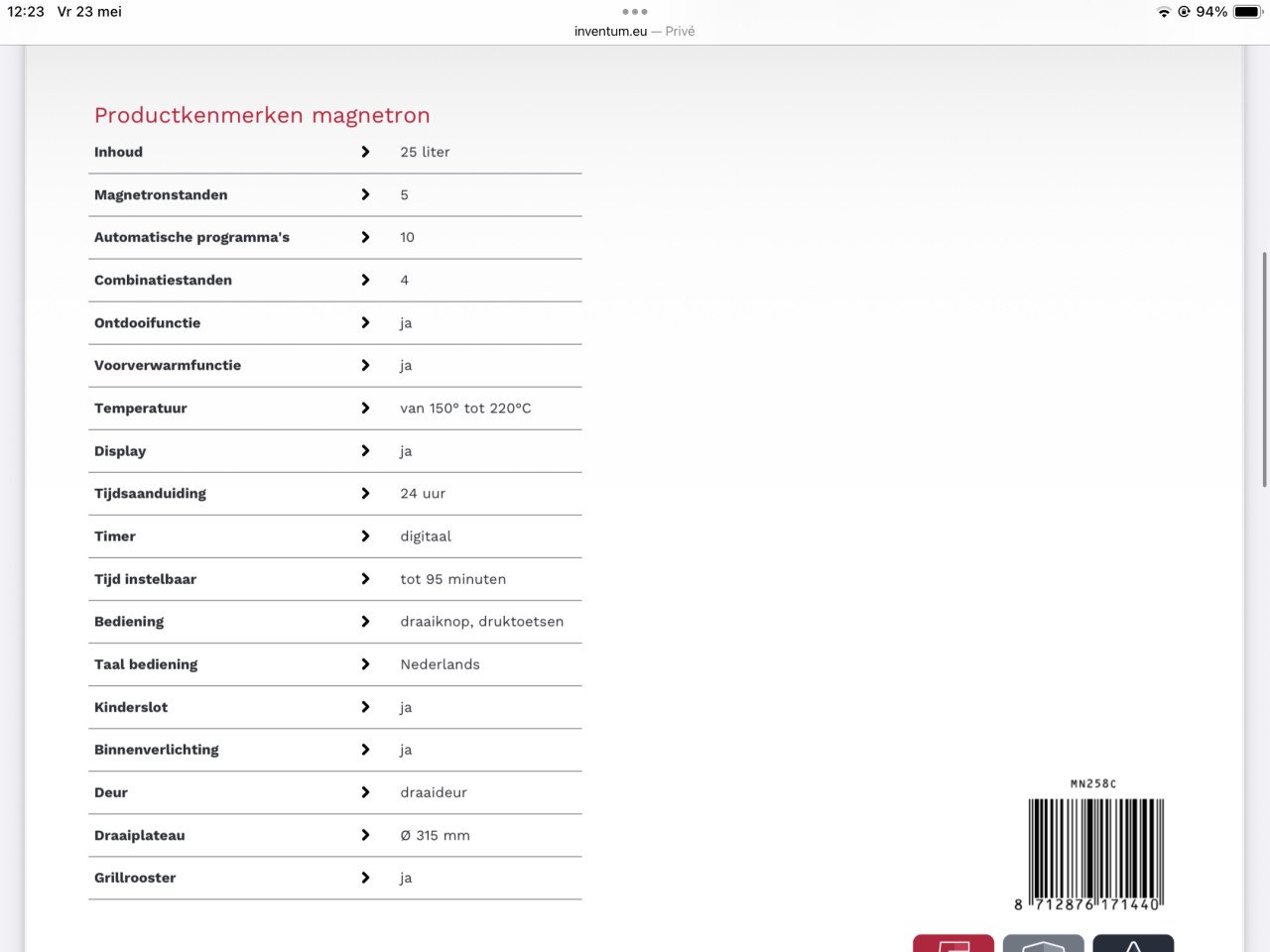 Inventum MN258C combi oven magnetron GOES z.g.a.n. GERESERVEERD