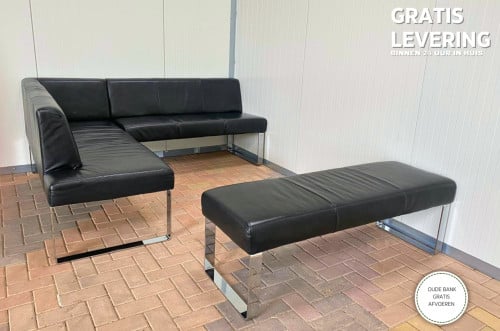 GRATIS LEVERING HEEL NL Zwart Echt Leer Eet Hoekbank met Hocker