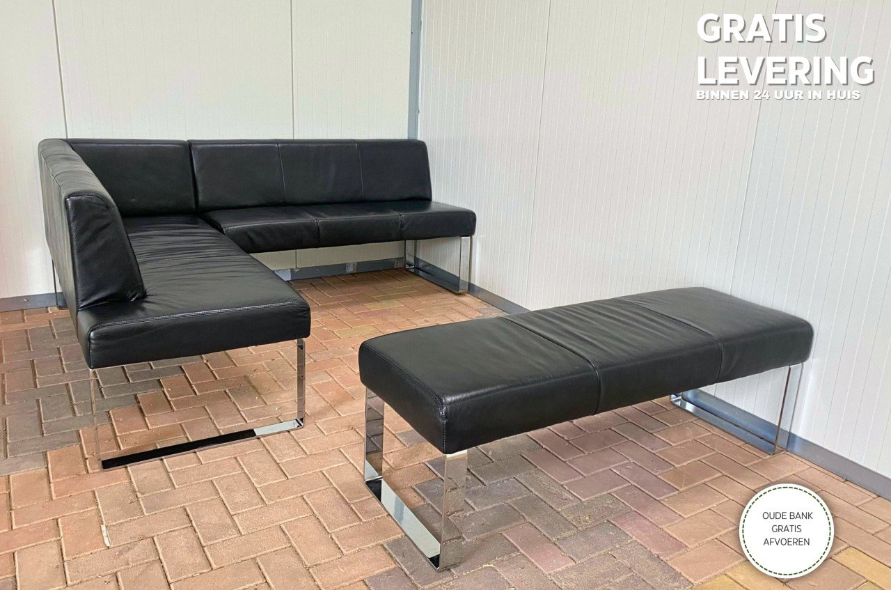 GRATIS LEVERING HEEL NL Zwart Echt Leer Eet Hoekbank met Hocker
