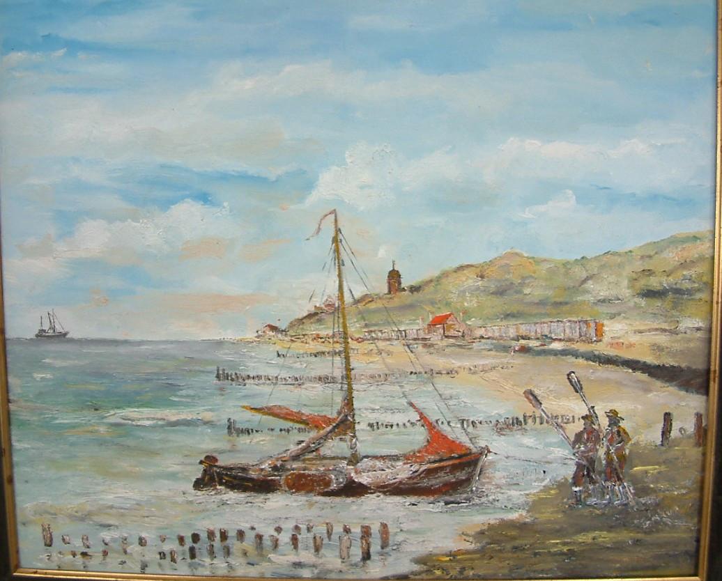Vissers met zeilsloep   strand Domburg
