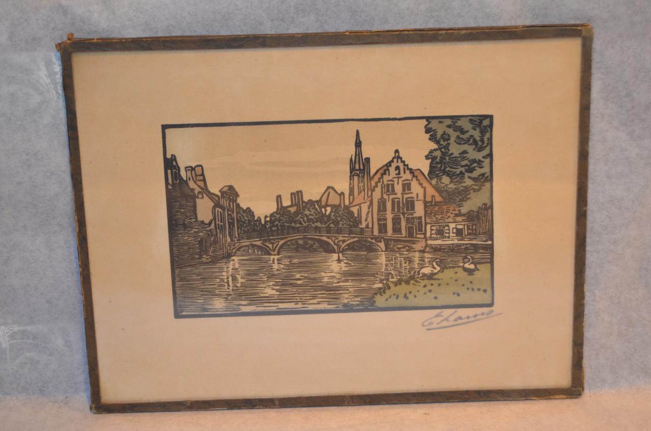 4 Etsjes gesign. ' E. Laun ' (?) dorps / stadsgezichten