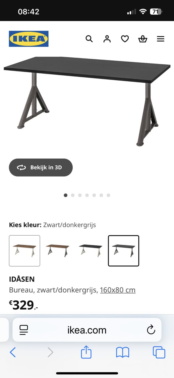 Ikea IDASEN Bureau, zwart/donkergrijs, 160x80 cm