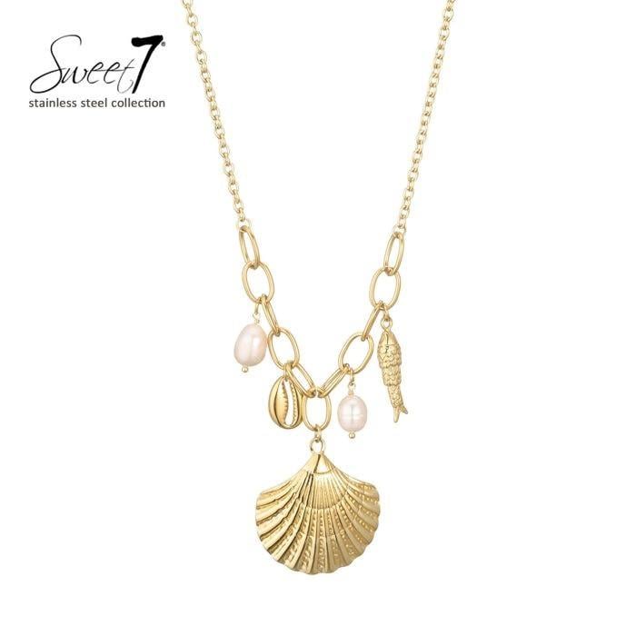 Halsketting met schelp hanger en parels in goudkleurige afwerking