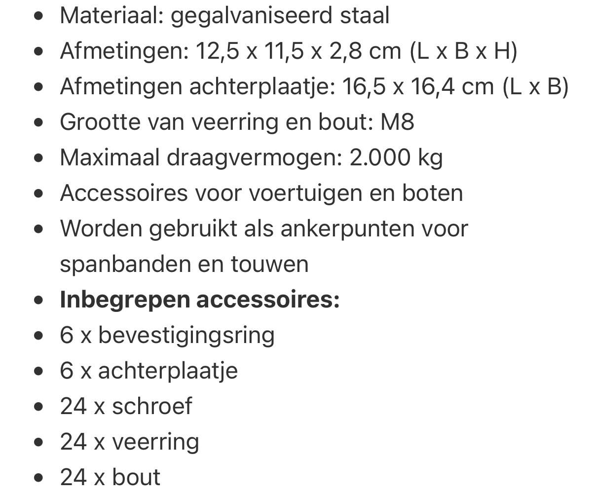 6 x sjorring-bevestiging / 12,5 x 11,5 cm / 2000 KG per stuk