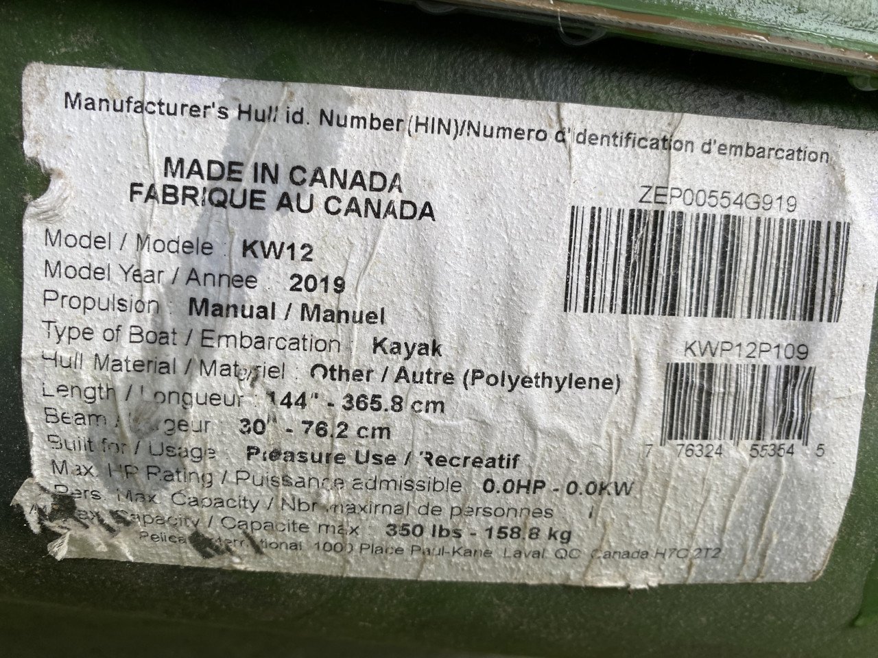 Canadese viskano, kano, Pelican Strike 120 X, met extra's