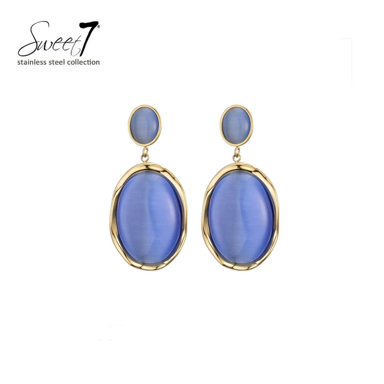 Oorbellen met ovale blauwe cat eye steen en goudkleurige rand