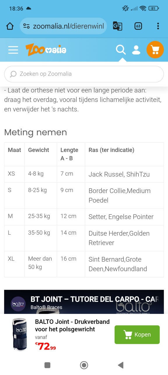 Brace hond maat M