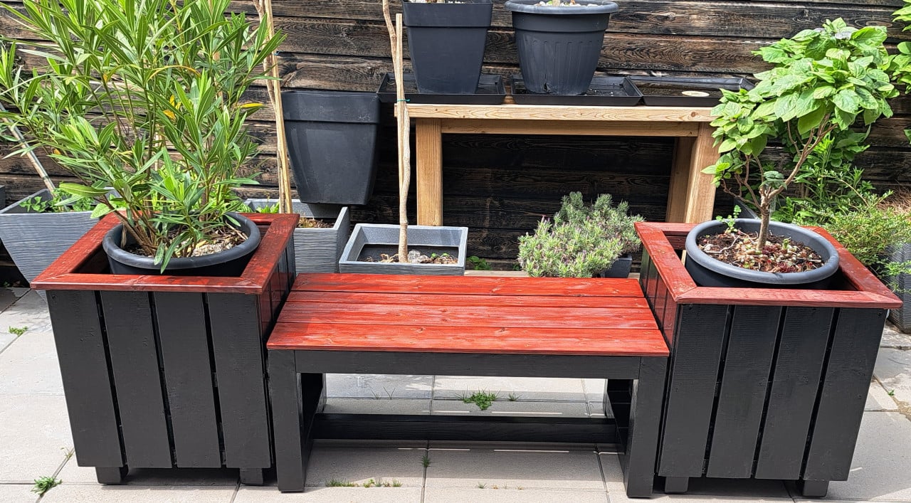 🌞Mooie, stevige tuinbank incl. 2 plantenbakken - strak design🌞