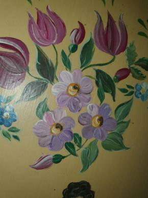 Leuk vintage rieten dienblad van hand geschilderd puntgaaf 70er....