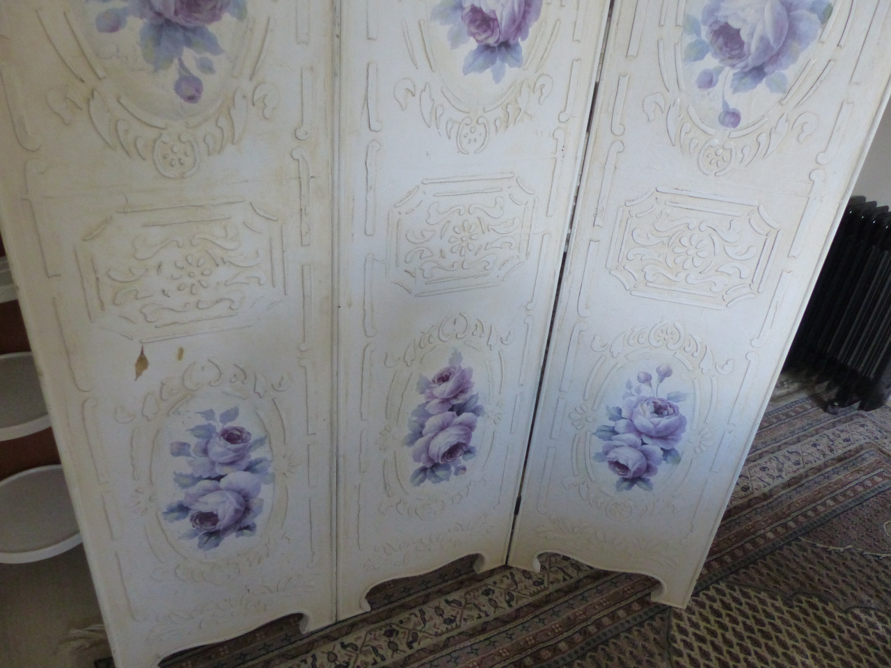 Kamesscherm brokant roomdivider bloemen geschilderd hout zwaar 40(3x)x180