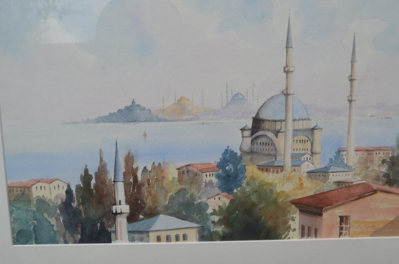 Aquarel van een moskee, gesigneerd en gedateerd