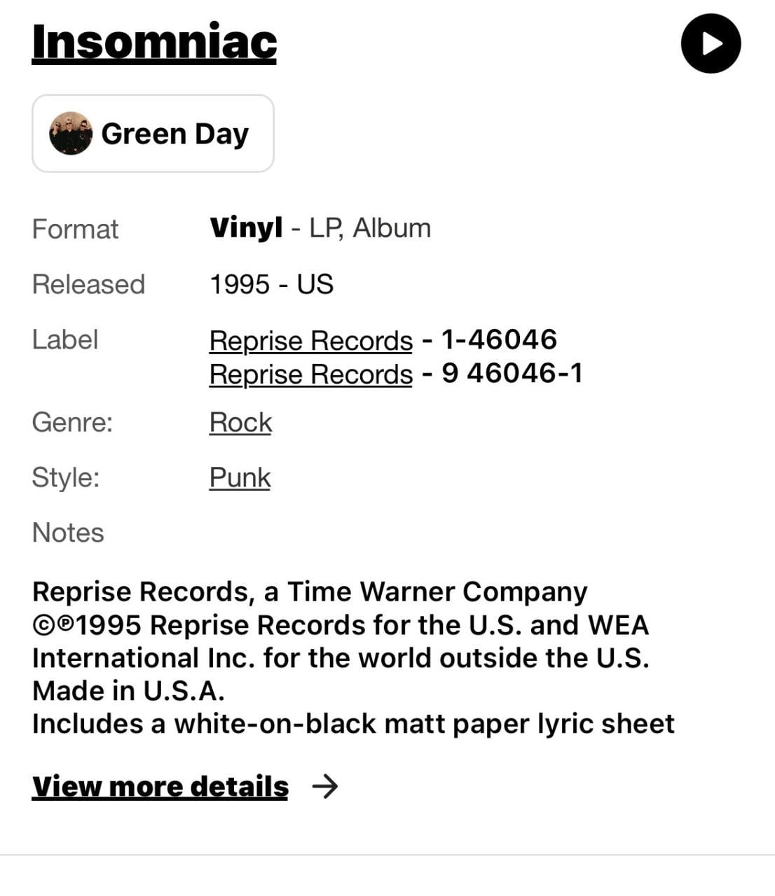 Green Day - Insomniac Vinyl LP (1995 US Persing)