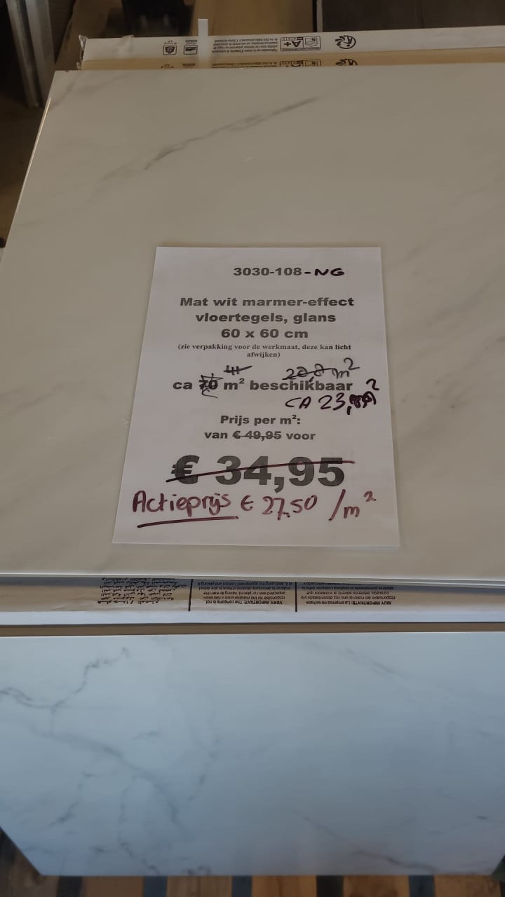 3030-108 Marmerlook tegels, glanzend wit, 60x60 cm, per m² van € 49,95 voor