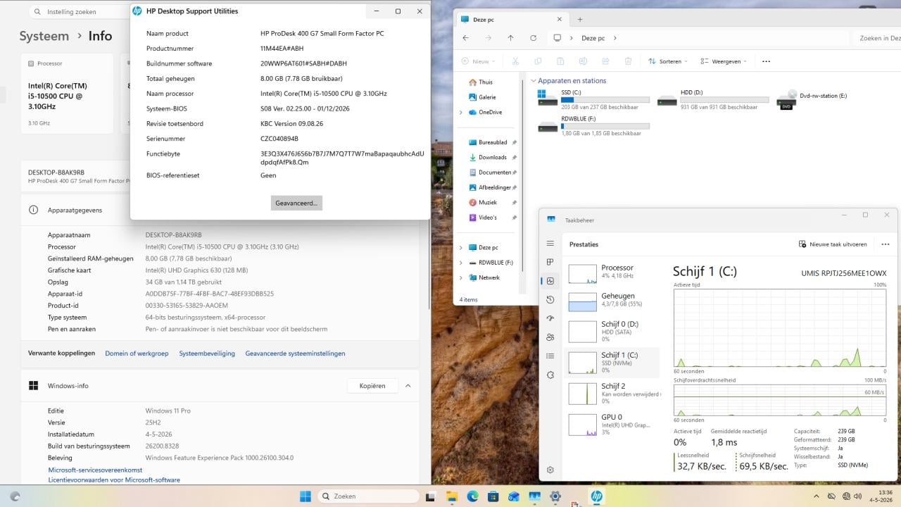 Complete HP ProDesk 400 G7 SFF i5-10500 8Gb 256Gb+1Tb Win11 24" 200€