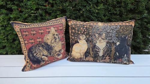 🤩 2 superleuke Vintage Gobelin kussens met kattenmotief.