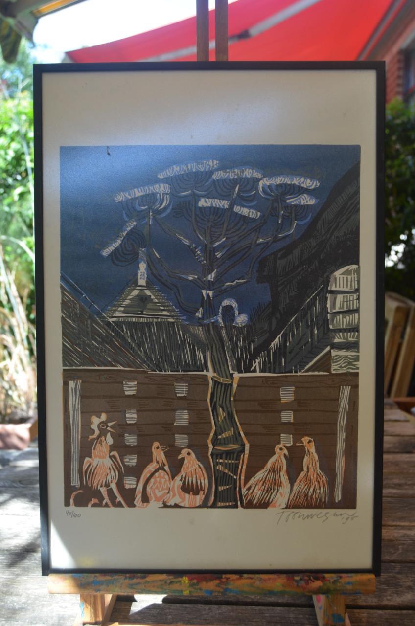 Litho/zeefdruk 'kippen en haan op de boerderij' gesign. gen.