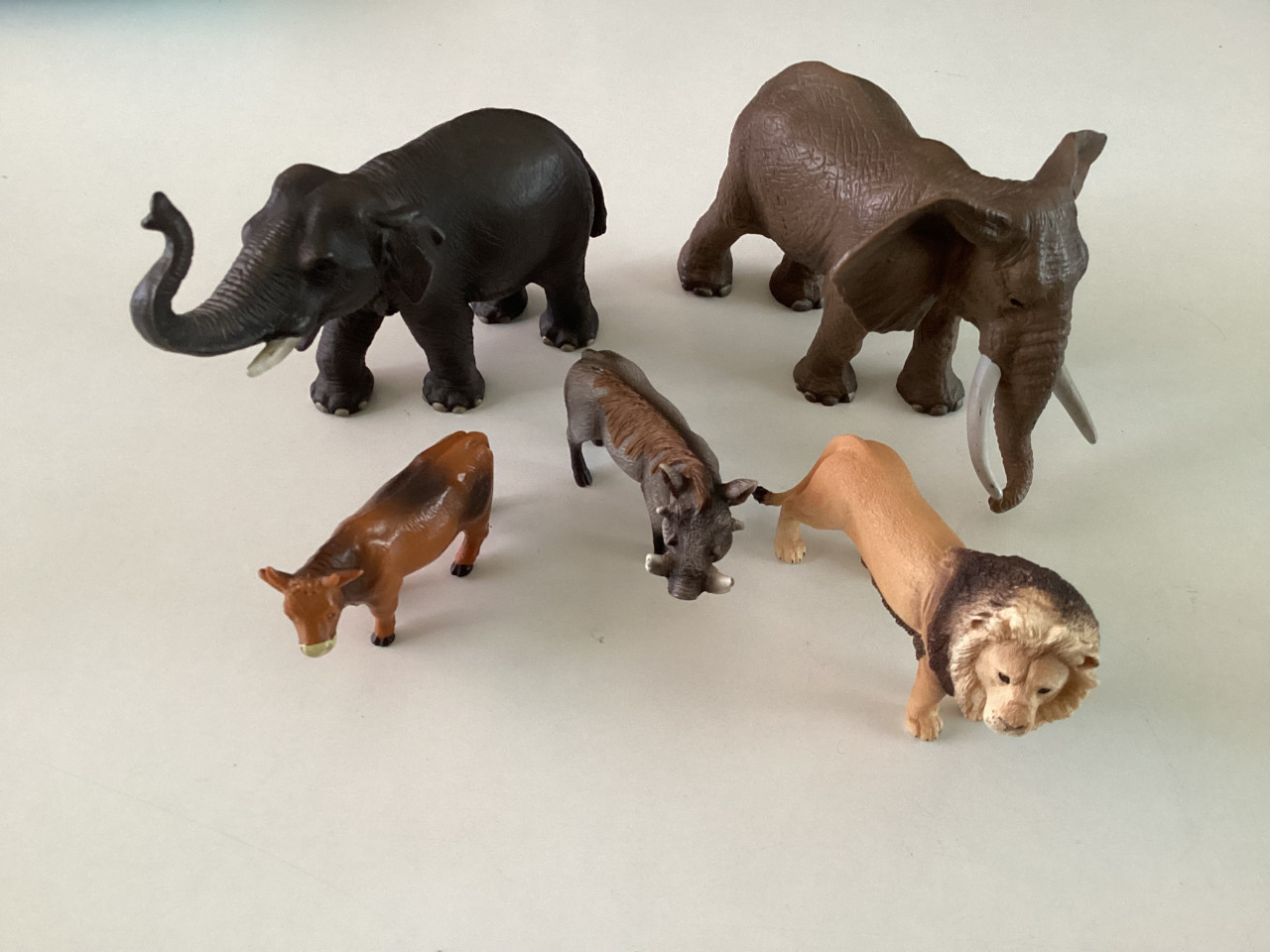 2 grote olifanten, zwijn, leeuw (Schleich) en koe (Bully).