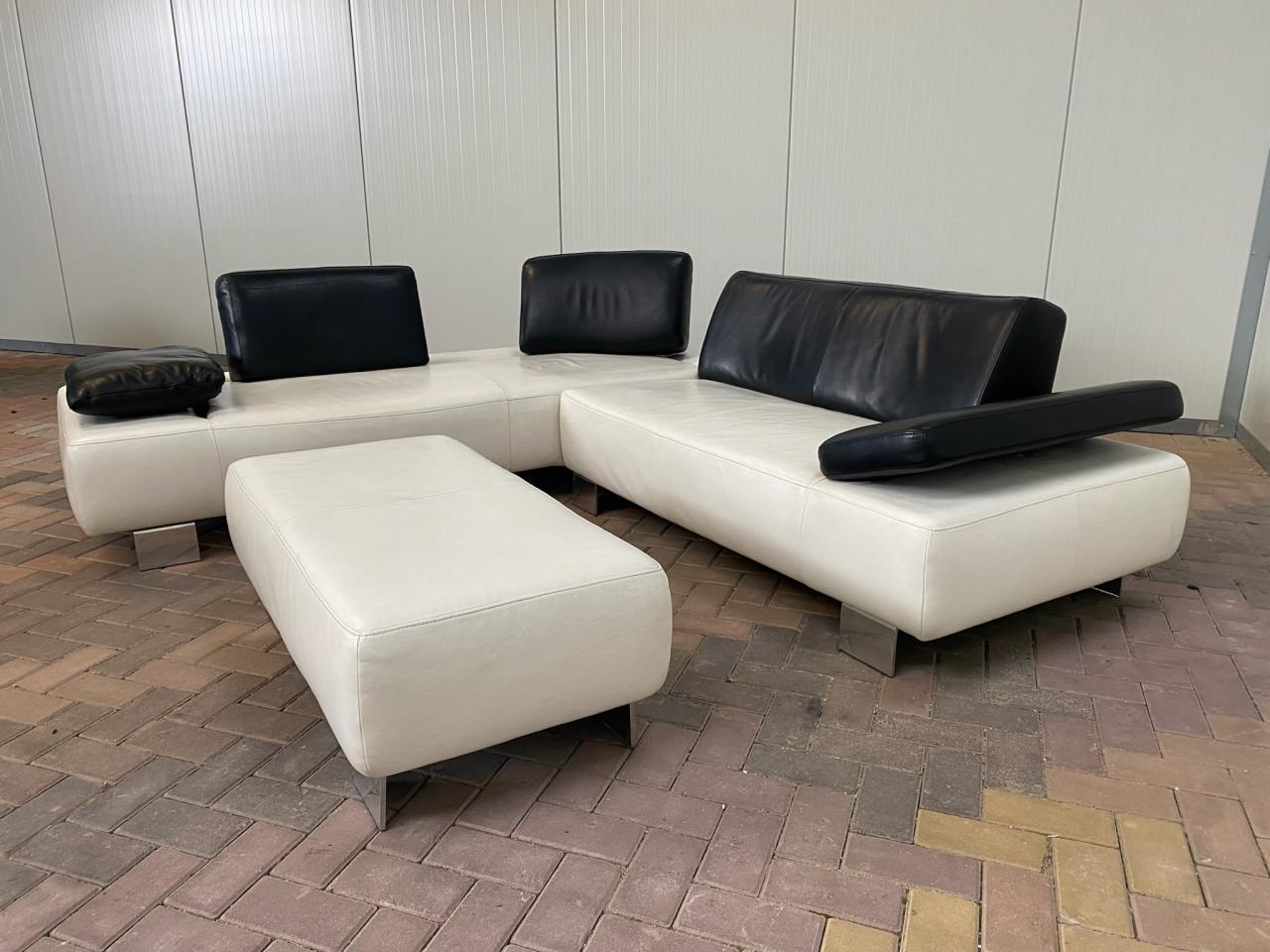 Montèl Witte Leren Hoekbank met Hocker–Luxe Echt Leer–Gratis Levering