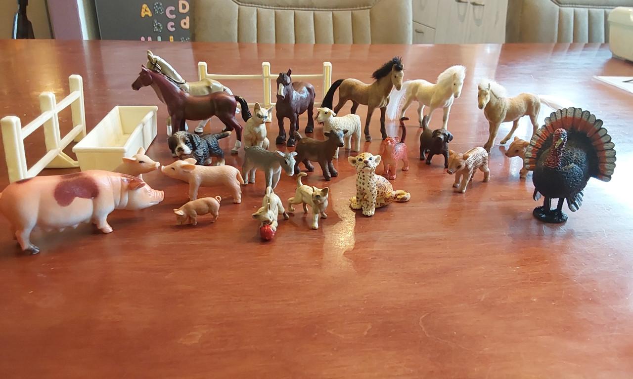 Diverse beestjes, 2 losse hekken en 1 voederbak samen in rieten mandje