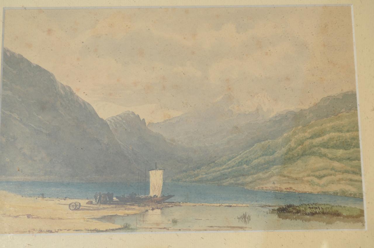 Aquarel berglandschap met een zeilscheepje. Aziatisch?