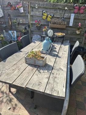Metalen tuintafel met steigerhouten planten