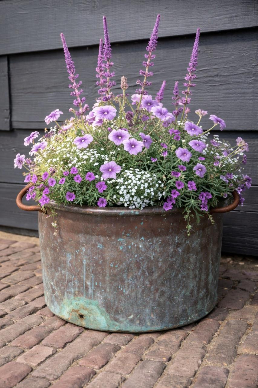 Grote oud koperen ketel/ bloembak