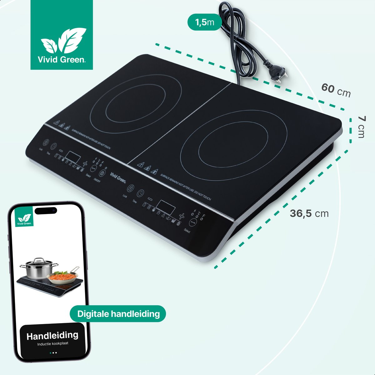 Inductie Kookplaat Vrijstaand 3500W 2 Kookzones 10 standen Vivid Green