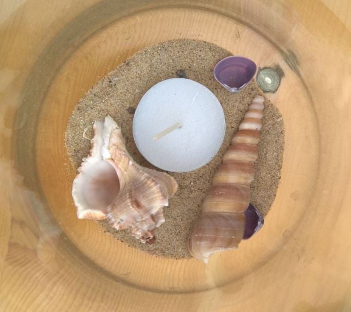 4 grote glas theelichthouders 19 cm +schelpen+kaarsen! 4=€5
