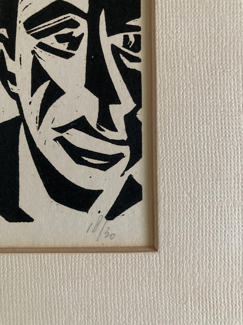 Houtdruk van Andries Minderhout het stierenrennen in het Spaanse Pamplona