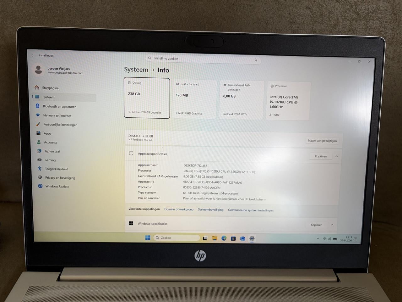 HP Probook 450 G7 |15,6"| Intel i5| 8GB | 256 GB SSD | Windows 11