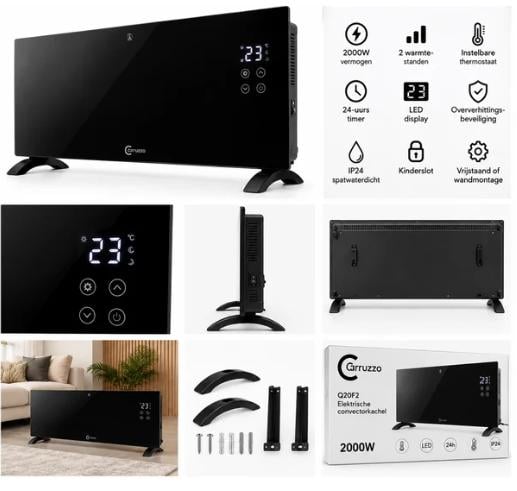 Elektrische Convectorkachel – 2000W – Glazen Paneel – LED Display – Thermos