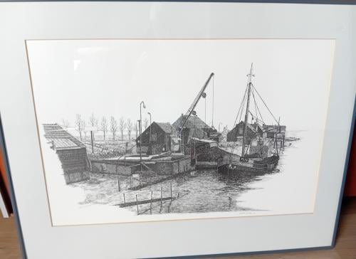 Schilderij/pentekening haven van Yerseke