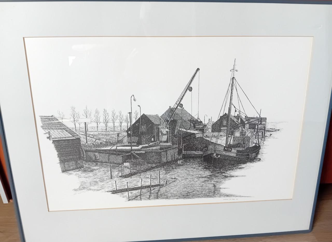 Schilderij/pentekening haven van Yerseke