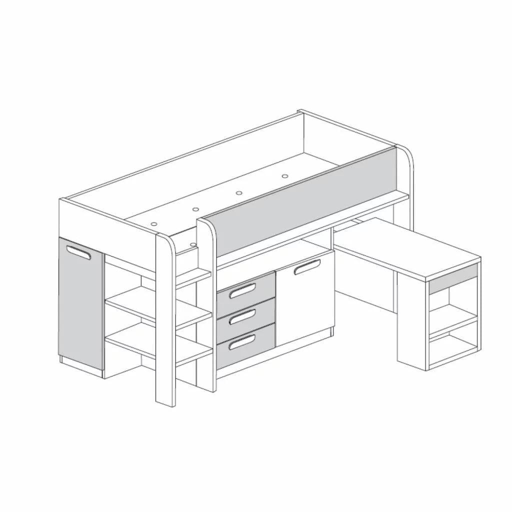 Halfhoogslaper Yolo wit/grijs eiken met bureau & kast, incl. matras