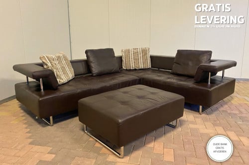 GRATIS LEVERING HEEL NL Montel Bruin Leer Hoekbank met Poef