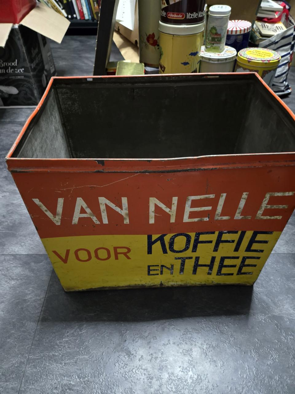 Groot, vintage Van Nelle voorraadblik voor koffie en thee jaren 30 tot 50