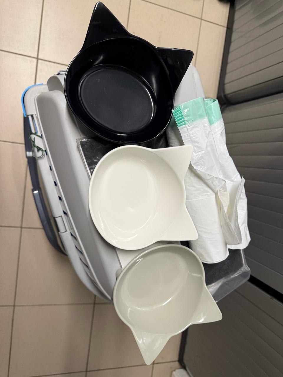 Kattenbak, reismand en drie voerbakjes