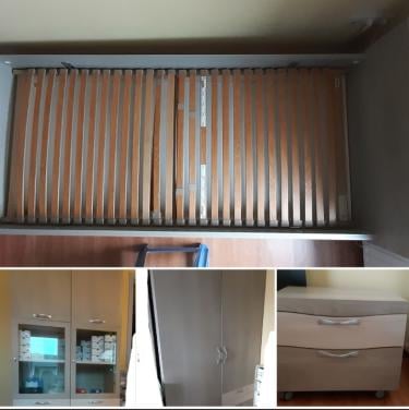 Slaapkamer ledikant, lattenbodem, lade, nachtkastje, kast 2-deurs, 2 x kast