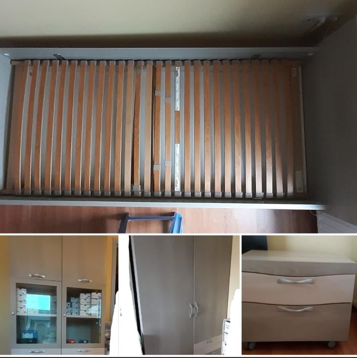 Slaapkamer ledikant, lattenbodem, lade, nachtkastje, kast 2-deurs, 2 x kast