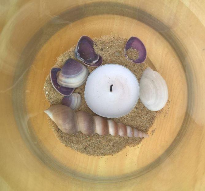 Grote glas theelichthouders 19 cm + schelpen + kaarsen!