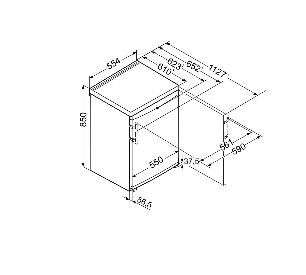 Liebherr KTP 1434 tafelmodel koelkast met vriesvak 85x55 cm. 128 liter